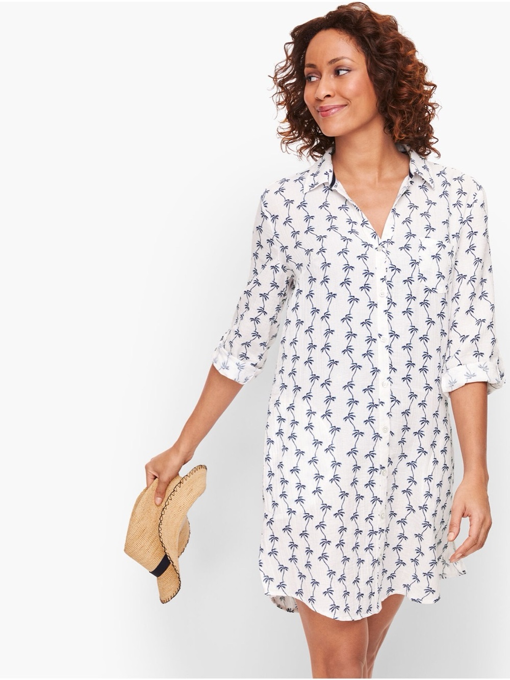 Talbots Crinkle Cotton Beach Shirt Tunic Coverup Palm Print Women’s Medium
